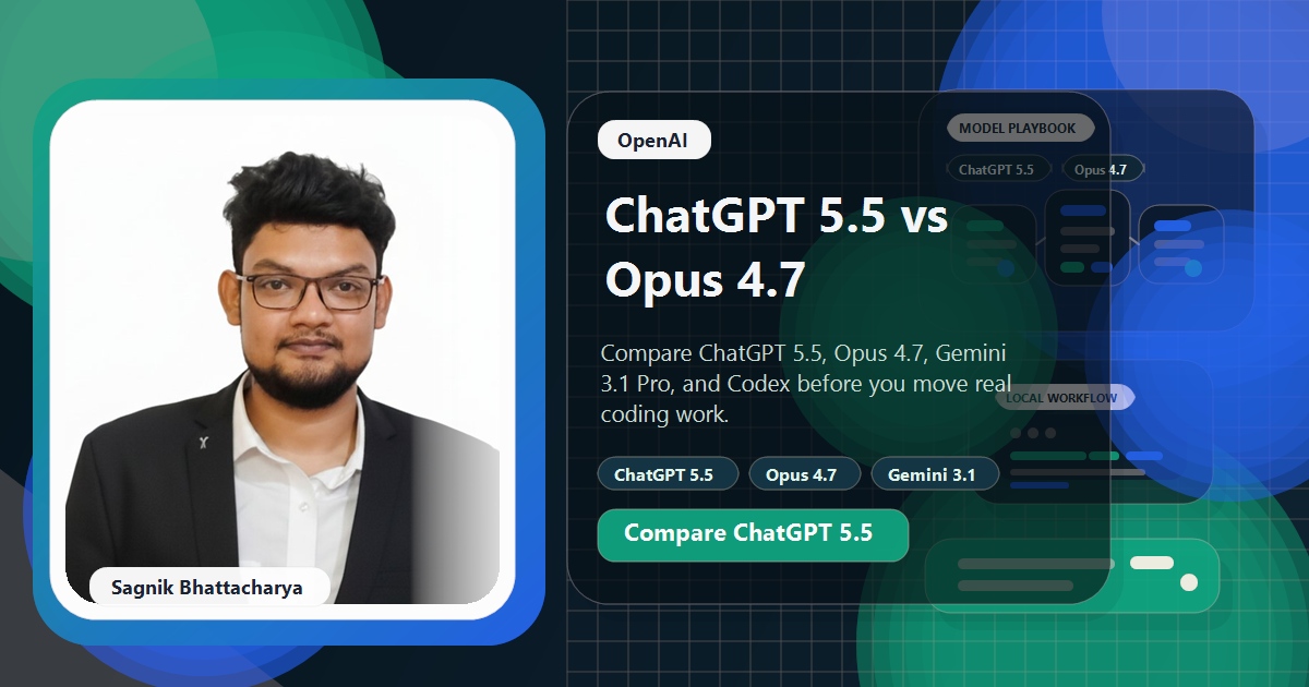 Coding Liquids blog cover featuring Sagnik Bhattacharya for ChatGPT 5.5 vs Claude Opus 4.7 vs Gemini 3.1 Pro: Benchmarks, Pricing, and Codex (2026), with OpenAI model comparison dashboards, Codex workflow cards, and benchmark visuals.