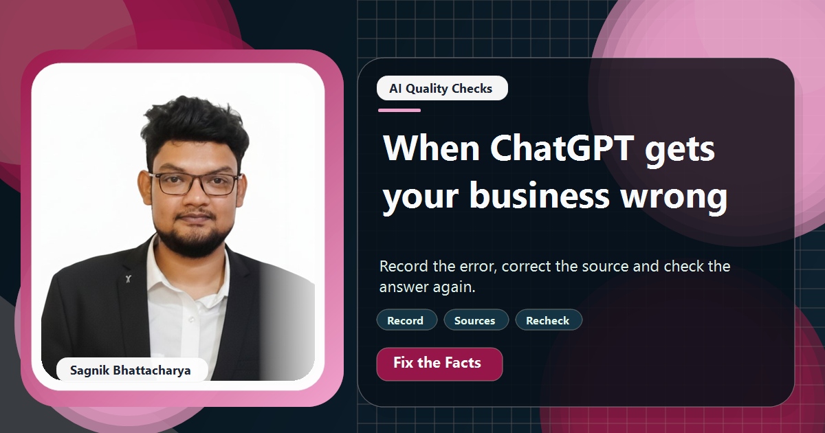 Coding Liquids tutorial cover featuring Sagnik Bhattacharya for What to Do When ChatGPT Gets Facts About Your Business Wrong.