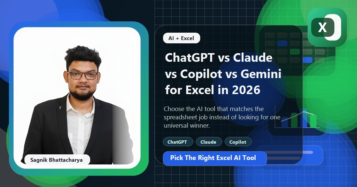Coding Liquids blog cover featuring Sagnik Bhattacharya for ChatGPT vs Claude vs Copilot vs Gemini for Excel, with AI comparison visuals.