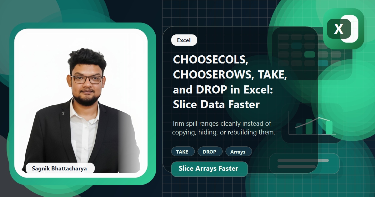 Coding Liquids blog cover featuring Sagnik Bhattacharya for CHOOSECOLS, CHOOSEROWS, TAKE, and DROP in Excel, with sliced array and report-grid visuals.