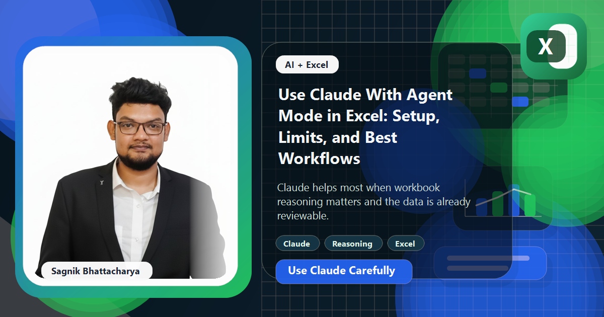 Coding Liquids blog cover featuring Sagnik Bhattacharya for using Claude with Agent Mode in Excel, with reasoning panels and workbook analysis visuals.