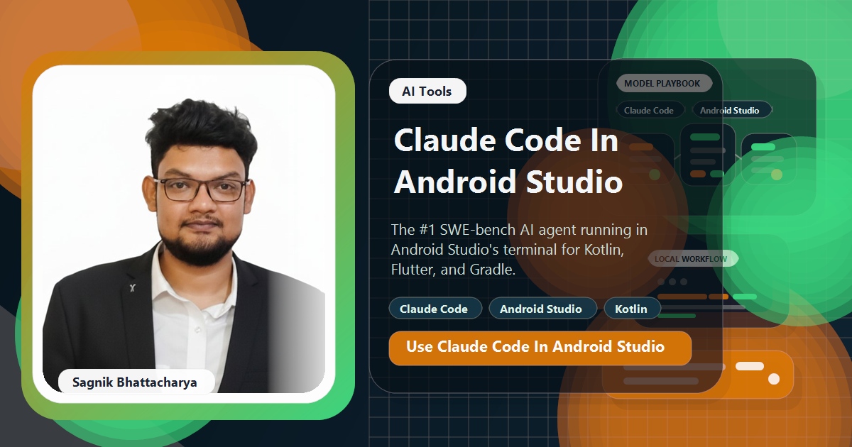 Coding Liquids blog cover featuring Sagnik Bhattacharya for How to Use Claude Code in Android Studio, showing Android Studio terminal with Claude Code AI agent integration.