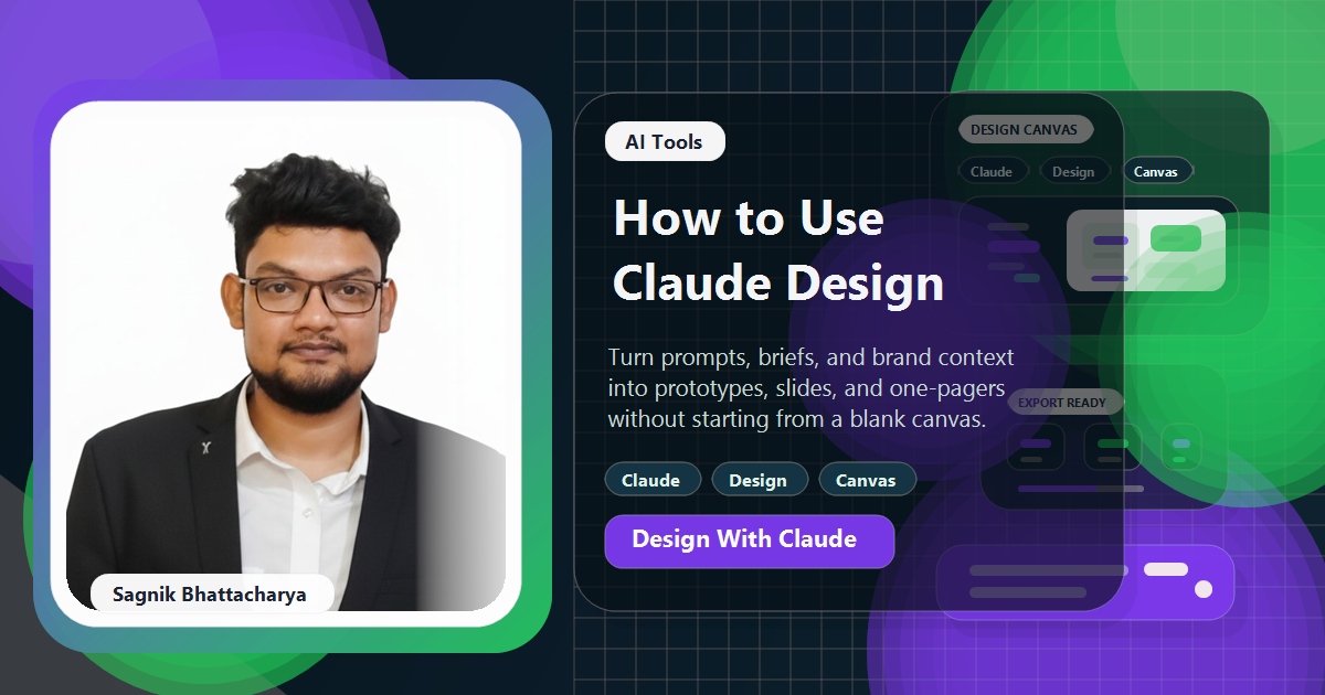Coding Liquids blog cover featuring Sagnik Bhattacharya for How to Use Claude Design, showing the Claude Design two-pane interface with chat on the left and a canvas of mockups on the right.