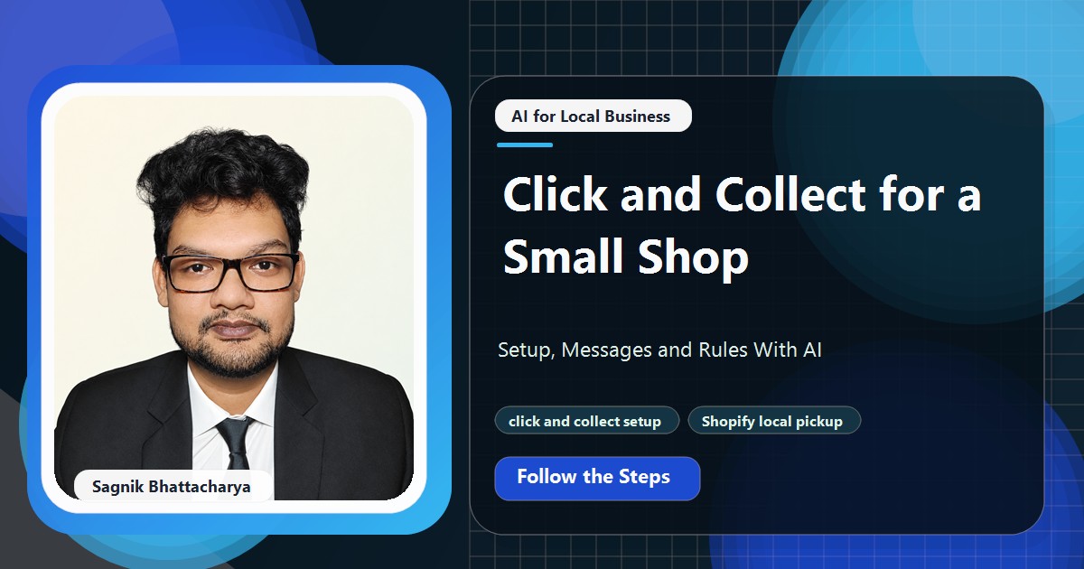 Coding Liquids tutorial cover featuring Sagnik Bhattacharya for Click and Collect for a Small Shop: Setup, Messages and Rules With AI.