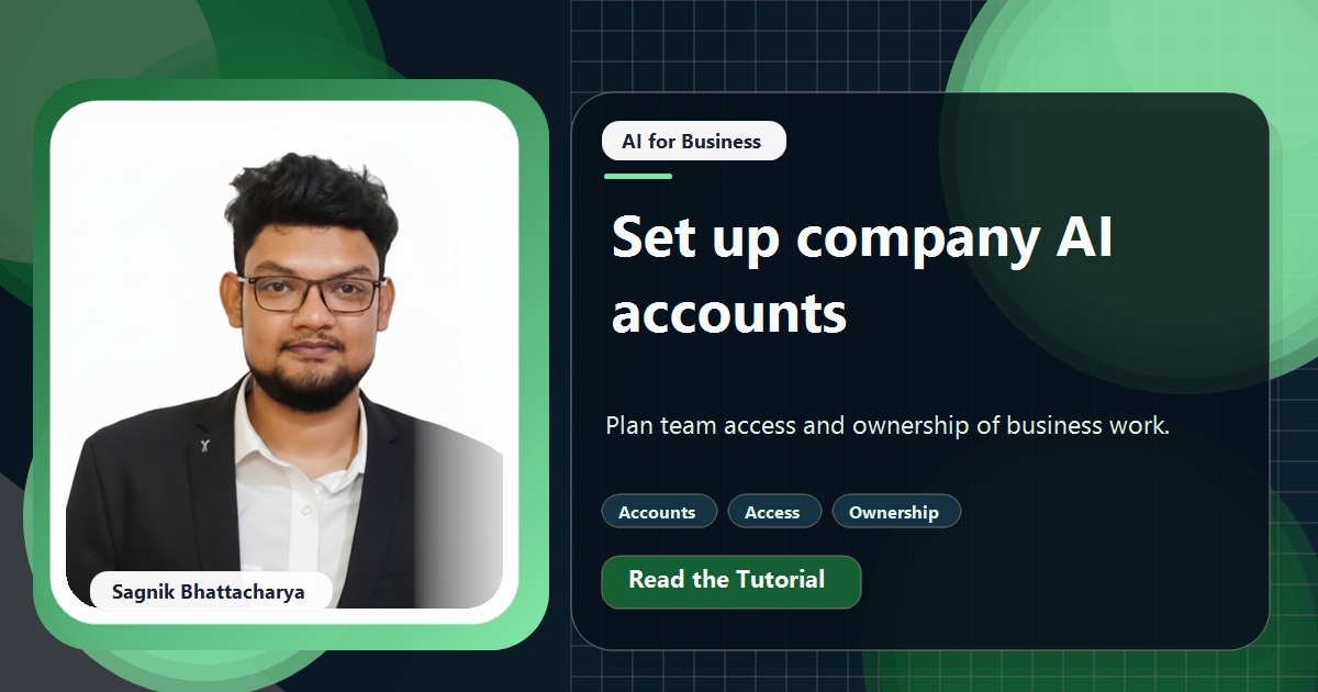 Coding Liquids tutorial cover featuring Sagnik Bhattacharya for How to Set Up Company AI Accounts Instead of Personal Logins.