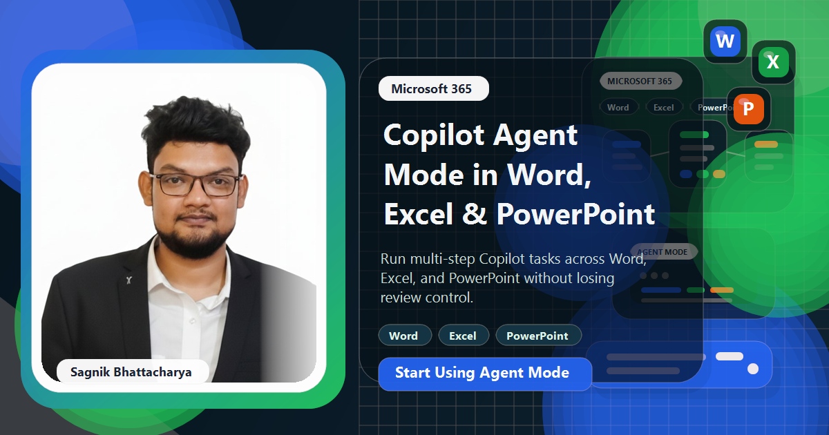 Coding Liquids blog cover featuring Sagnik Bhattacharya for How to Use Copilot Agent Mode in Word, Excel, and PowerPoint, showing the Copilot Agent Mode panel across Microsoft 365 apps.
