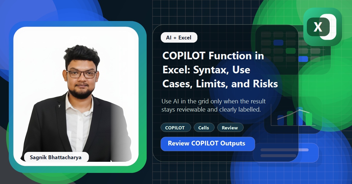 Coding Liquids blog cover featuring Sagnik Bhattacharya for the COPILOT function in Excel, with AI-filled cells and review-focused spreadsheet visuals.