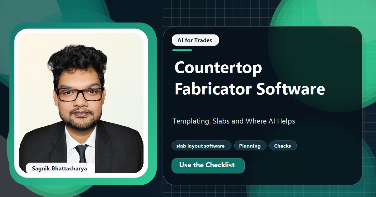 Coding Liquids tutorial cover featuring Sagnik Bhattacharya for Countertop Fabricator Software: Templating, Slabs and Where AI Helps.