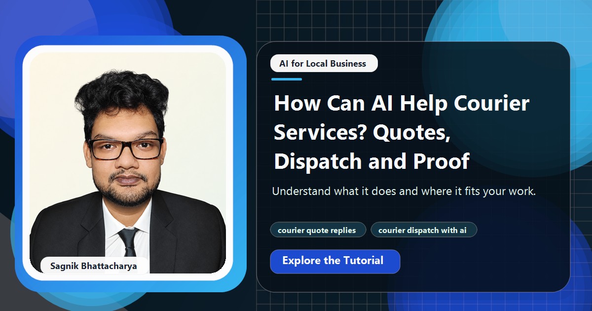 Coding Liquids tutorial cover featuring Sagnik Bhattacharya for How Can AI Help Courier Services? Quotes, Dispatch and Proof.