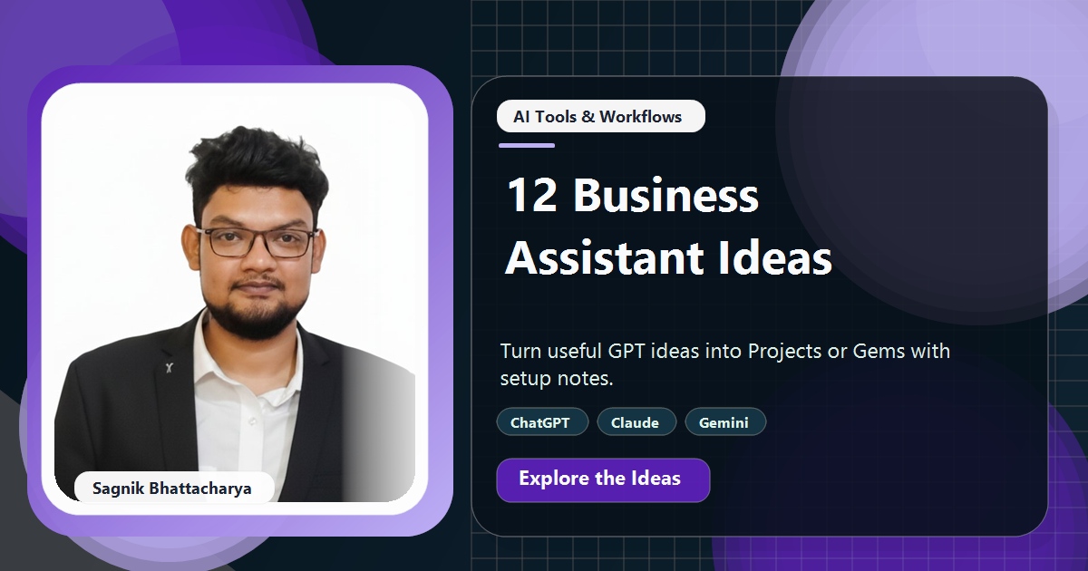 Coding Liquids tutorial cover featuring Sagnik Bhattacharya for 12 Custom GPT Examples for Small Businesses, With Setup Notes.