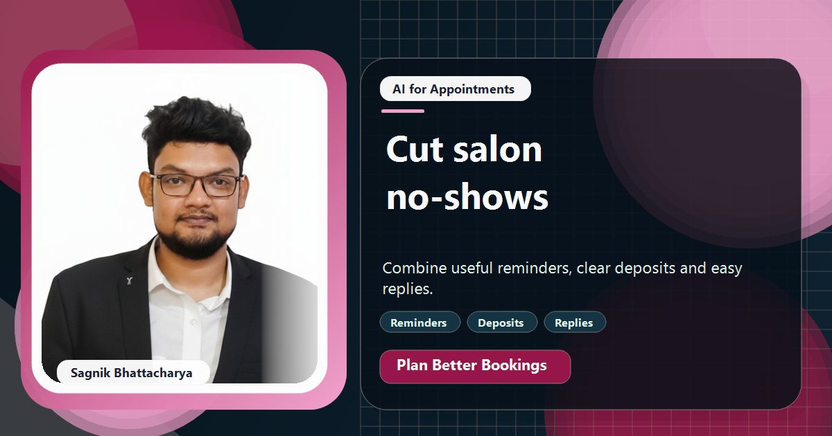 Coding Liquids tutorial cover featuring Sagnik Bhattacharya for How to Cut Salon No-Shows With AI Reminders and Deposits.