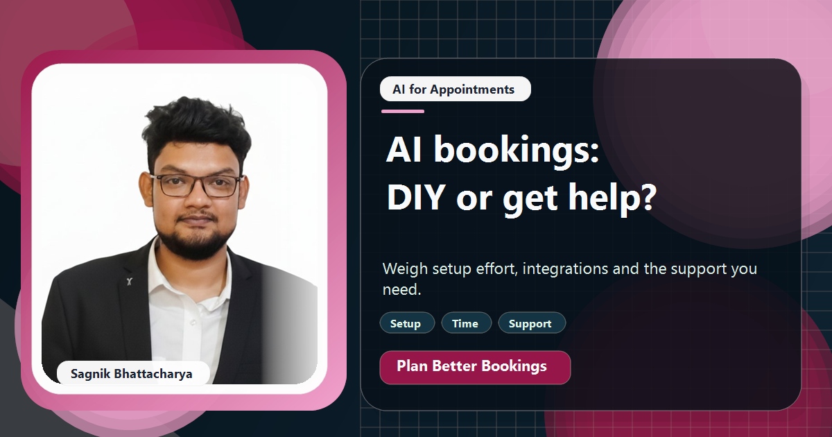 Coding Liquids tutorial cover featuring Sagnik Bhattacharya for DIY or Get Help? Setting Up AI Bookings for a Small Business.