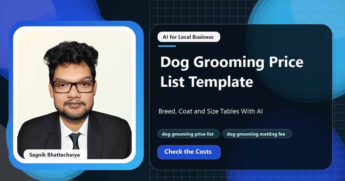 Coding Liquids tutorial cover featuring Sagnik Bhattacharya for Dog Grooming Price List Template: Breed, Coat and Size Tables With AI.