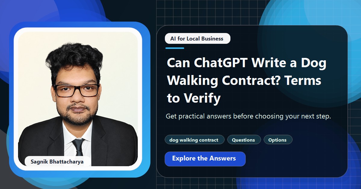 Coding Liquids tutorial cover featuring Sagnik Bhattacharya for Can ChatGPT Write a Dog Walking Contract? Terms to Verify.