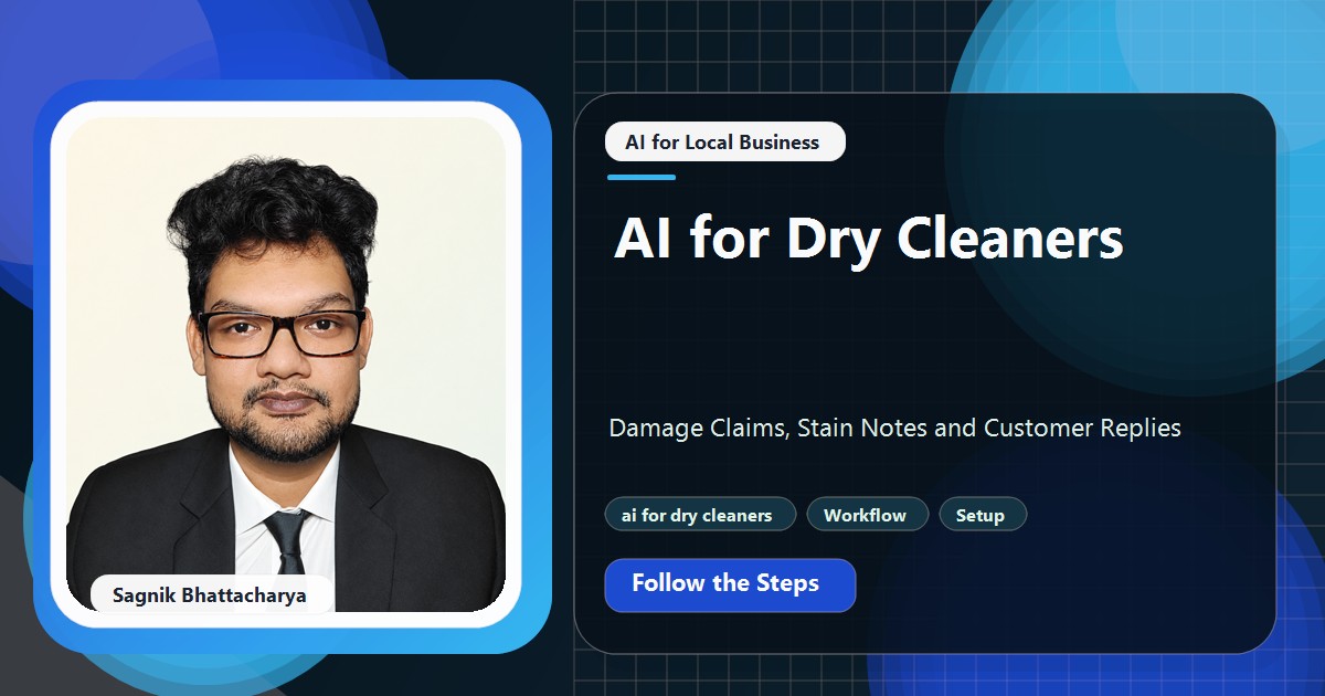 Coding Liquids tutorial cover featuring Sagnik Bhattacharya for AI for Dry Cleaners: Damage Claims, Stain Notes and Customer Replies.