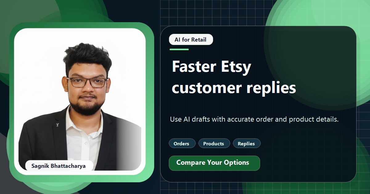 Coding Liquids tutorial cover featuring Sagnik Bhattacharya for How to Answer Etsy Customer Messages Faster With AI.