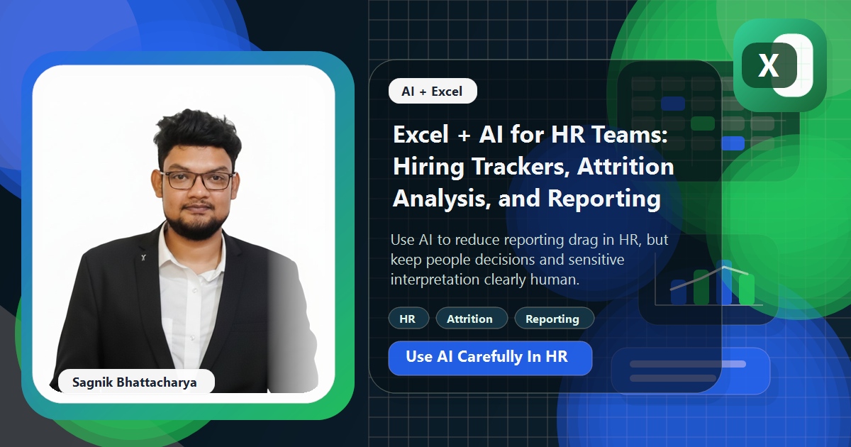 Coding Liquids blog cover featuring Sagnik Bhattacharya for Excel and AI for HR teams, with hiring and reporting visuals.