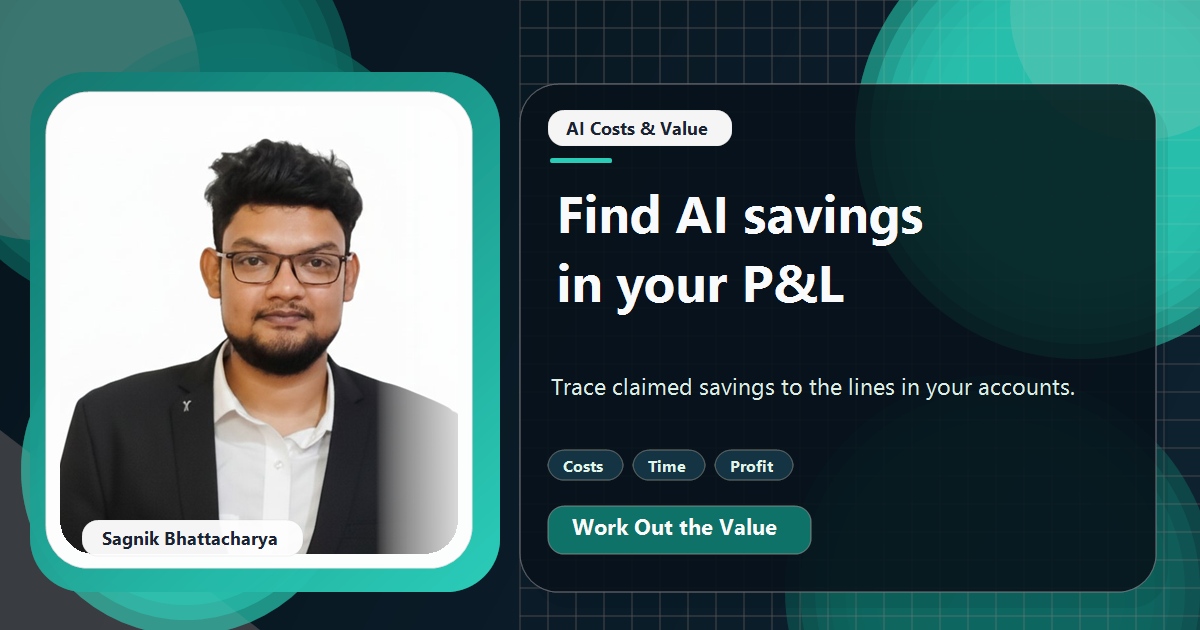 Coding Liquids tutorial cover featuring Sagnik Bhattacharya for How to Find AI Savings Line by Line in Your Profit and Loss.