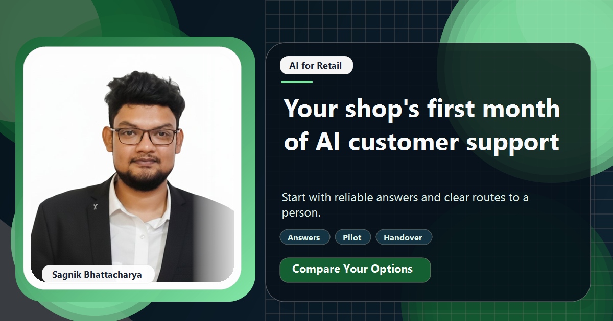 Coding Liquids tutorial cover featuring Sagnik Bhattacharya for Your First 30 Days of AI Customer Support for an Online Shop.