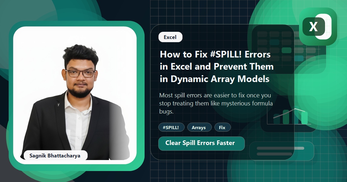 Coding Liquids blog cover featuring Sagnik Bhattacharya for fixing #SPILL! errors in Excel, with dynamic-array troubleshooting visuals.