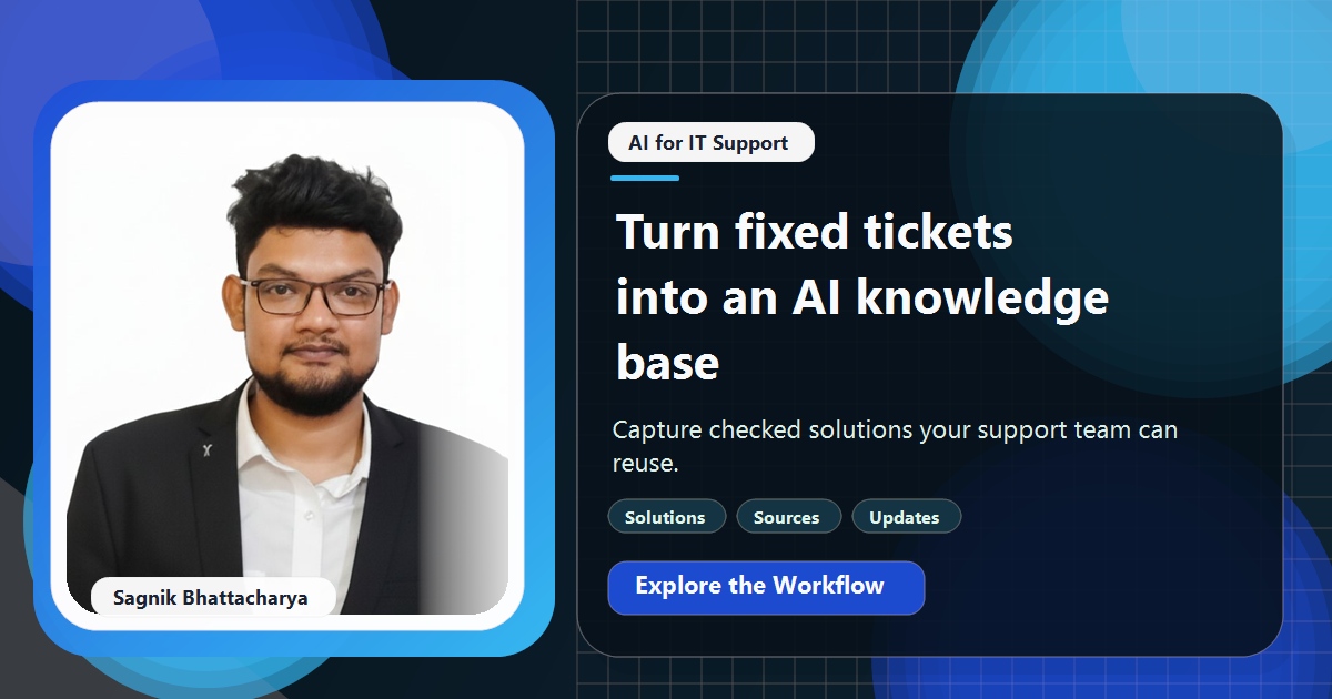 Coding Liquids tutorial cover featuring Sagnik Bhattacharya for Turn Fixed Tickets Into a Searchable AI Knowledge Base.
