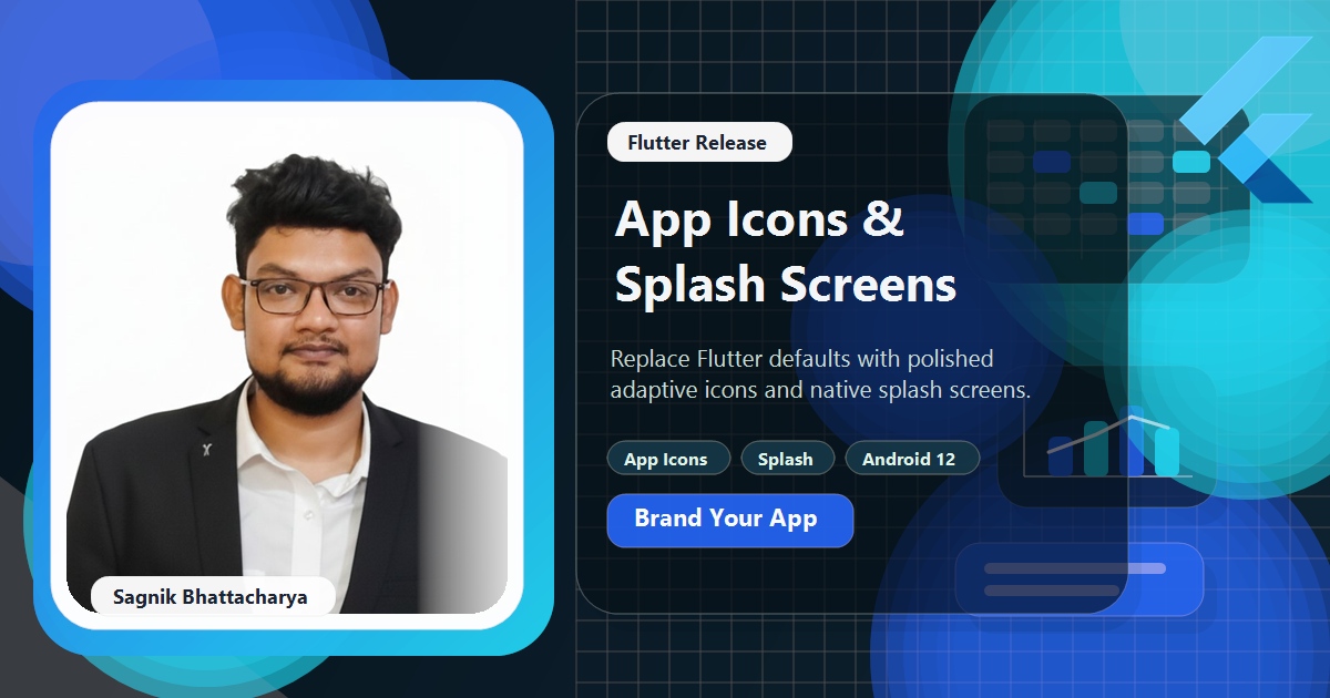 Coding Liquids tutorial cover featuring Sagnik Bhattacharya for Flutter app icons and splash screens.