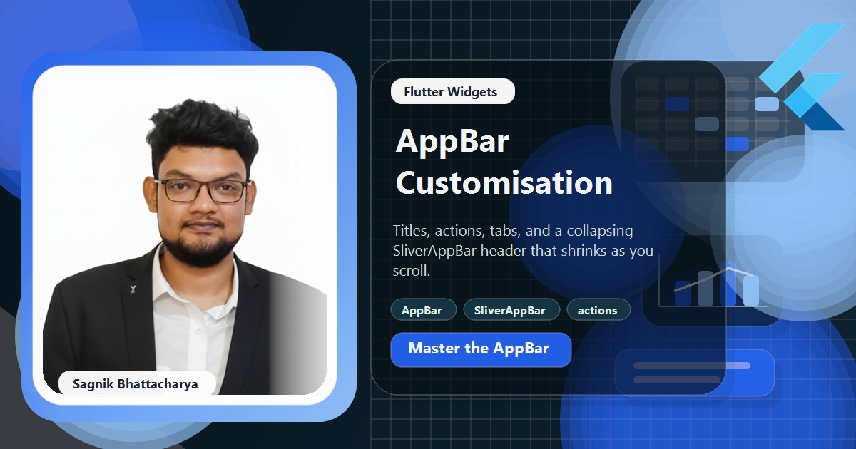 Coding Liquids blog cover featuring Sagnik Bhattacharya for the Flutter AppBar customisation guide, with title, action icons, and a collapsing SliverAppBar FlexibleSpaceBar visual.