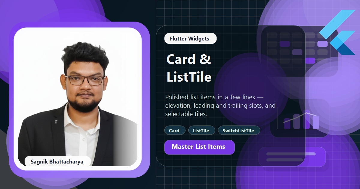 Coding Liquids blog cover featuring Sagnik Bhattacharya for the Flutter Card and ListTile guide, with elevation, leading and trailing slots, and clean list-item visuals.