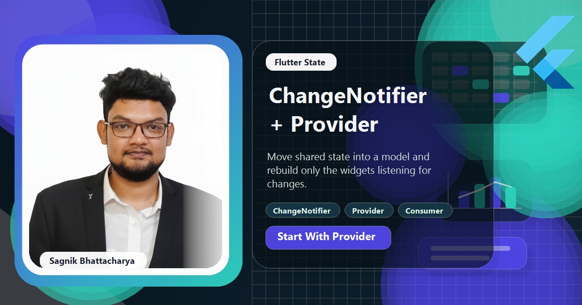 Coding Liquids blog cover featuring Sagnik Bhattacharya for the Flutter ChangeNotifier and Provider guide, with a model emitting notifyListeners and a Consumer widget rebuilding.