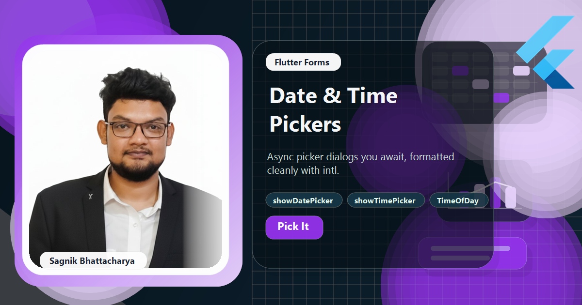 Coding Liquids blog cover featuring Sagnik Bhattacharya for the Flutter date and time pickers guide, with a calendar date picker dialog, a clock time picker, and a formatted DateTime result.