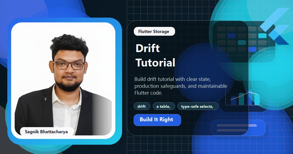 Coding Liquids blog cover featuring Sagnik Bhattacharya for Flutter Drift Tutorial: Type-Safe SQLite for Dart, with drift and build_runner setup, a table, generated database, and dao boundary, and type-safe selects, inserts, and updates.