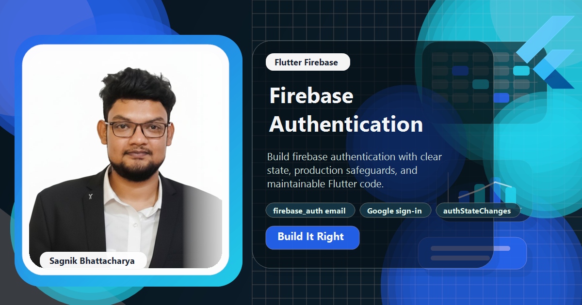 Coding Liquids blog cover featuring Sagnik Bhattacharya for Flutter Firebase Authentication: Email, Google, and Sign-Out, with firebase_auth email and password flows, google sign-in and firebase credentials, and authstatechanges as the ui gate.