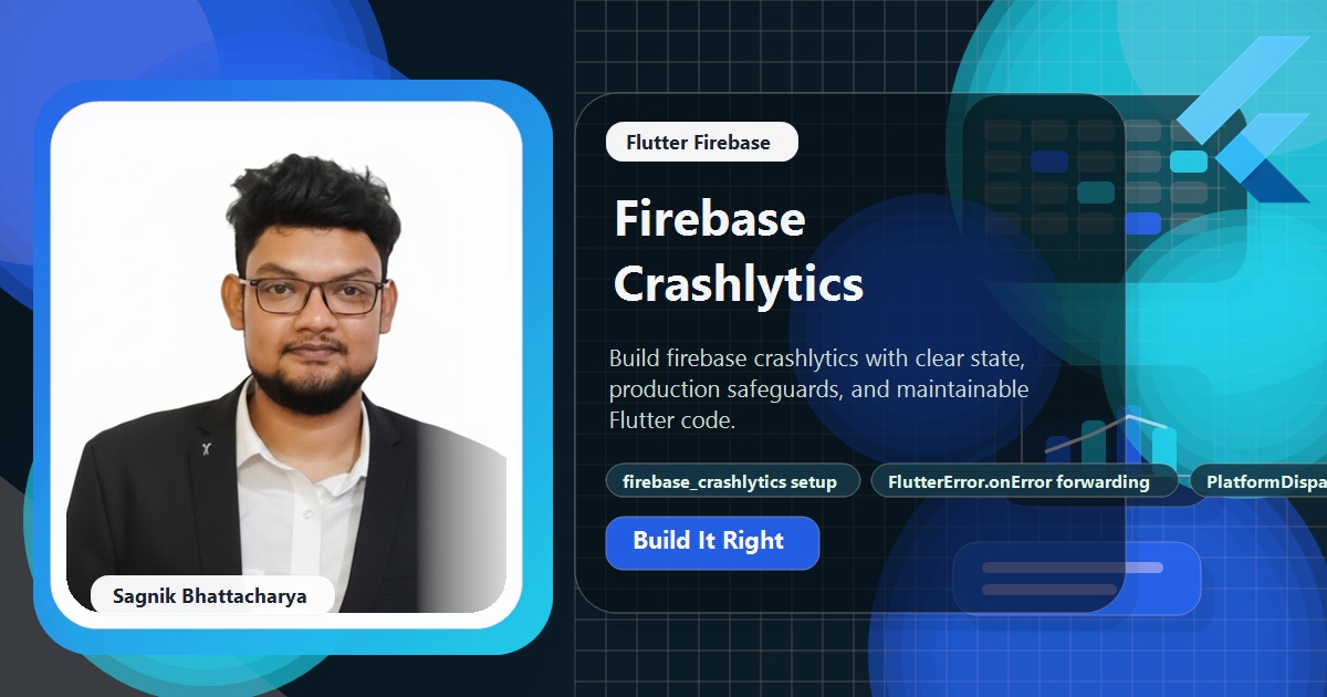 Coding Liquids blog cover featuring Sagnik Bhattacharya for Flutter Firebase Crashlytics: Track Crashes in Production, with firebase_crashlytics setup, fluttererror.onerror forwarding, and platformdispatcher.onerror for asynchronous errors.