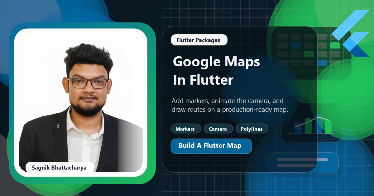 Coding Liquids tutorial cover featuring Sagnik Bhattacharya for Google Maps markers, camera controls, and polylines.