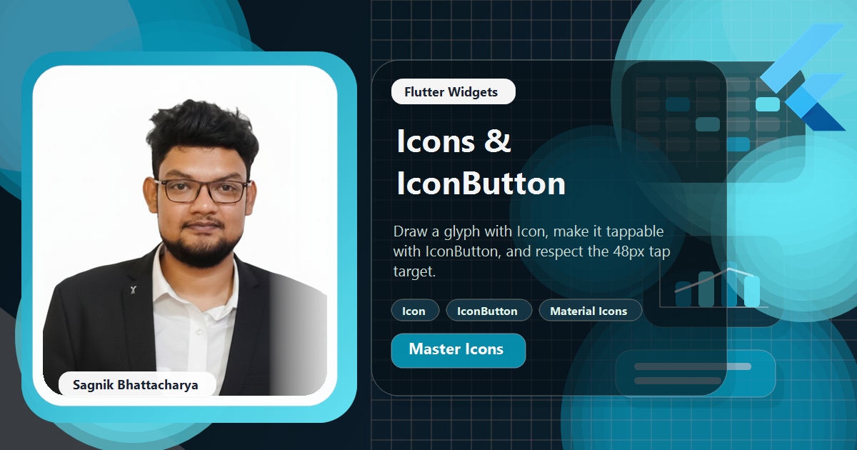 Coding Liquids blog cover featuring Sagnik Bhattacharya for the Flutter Icons and IconButton guide, with Material icon variants, icon sizing, and IconButton tap-target visuals.