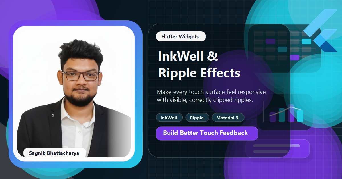 Coding Liquids tutorial cover featuring Sagnik Bhattacharya for InkWell and ripple effects.