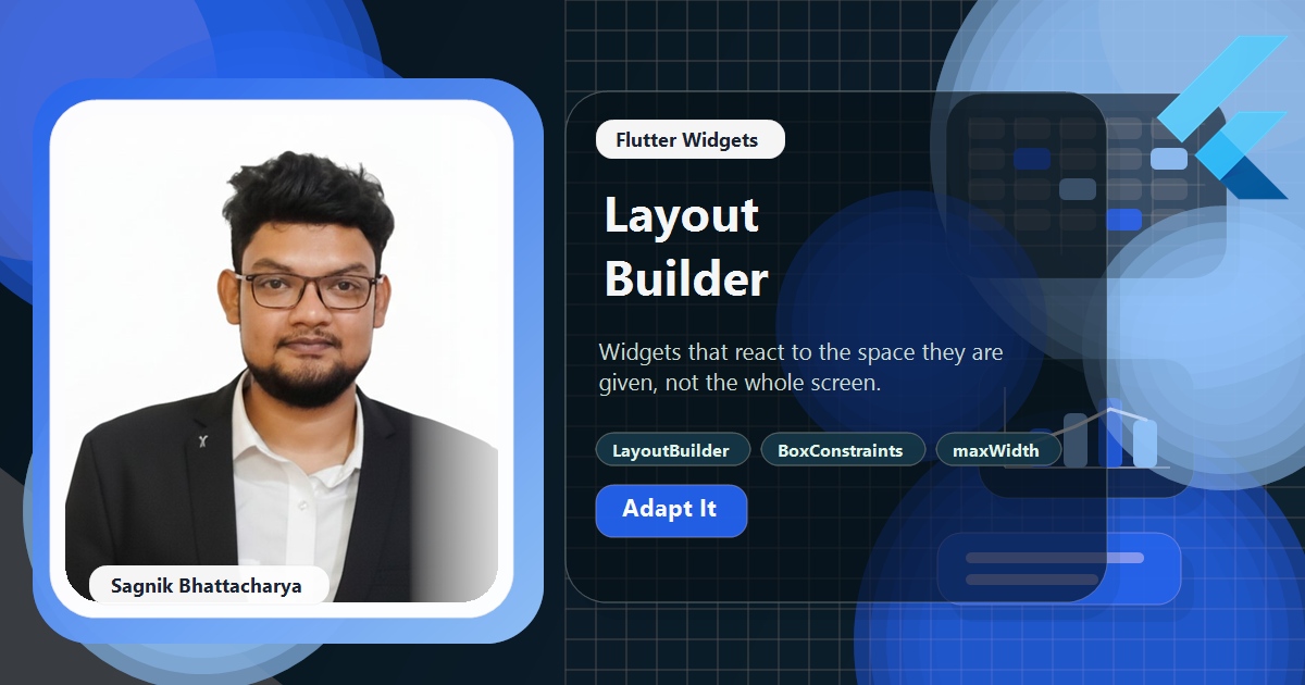 Coding Liquids blog cover featuring Sagnik Bhattacharya for the Flutter LayoutBuilder guide, with BoxConstraints maxWidth breakpoints switching between narrow and wide adaptive layouts.