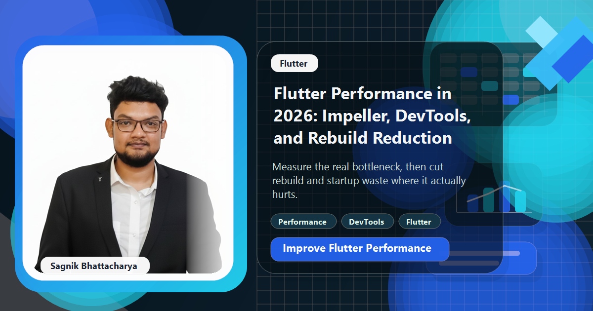 Coding Liquids blog cover featuring Sagnik Bhattacharya for Flutter performance in 2026, with profiling and rebuild visuals.
