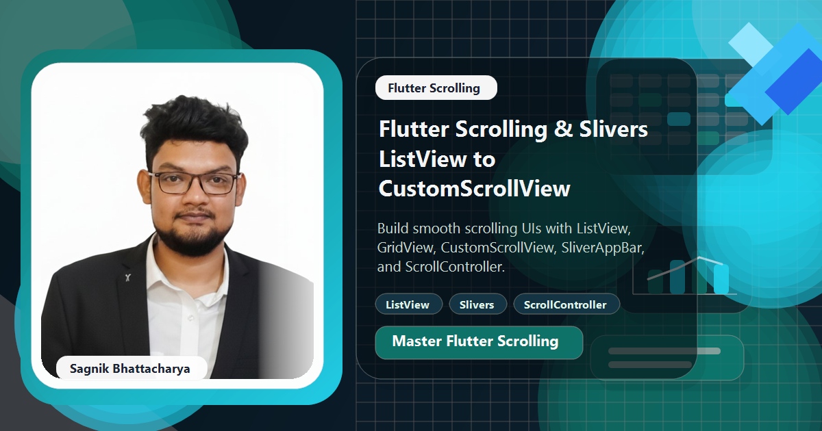Coding Liquids blog cover featuring Sagnik Bhattacharya for the complete Flutter scrolling and slivers guide, with ListView, CustomScrollView, SliverAppBar, and scroll physics visuals.