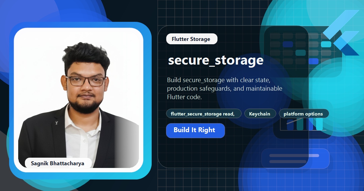 Coding Liquids blog cover featuring Sagnik Bhattacharya for Flutter secure_storage: Store Tokens and Secrets Safely, with flutter_secure_storage read, write, and delete, keychain and android keystore protection, and platform options and encrypted preference migration.