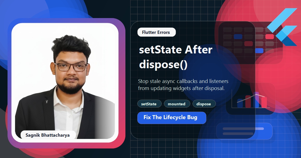 Coding Liquids tutorial cover featuring Sagnik Bhattacharya for fixing Flutter setState after dispose errors.