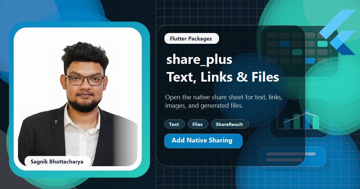 Coding Liquids tutorial cover featuring Sagnik Bhattacharya for Flutter share_plus package.