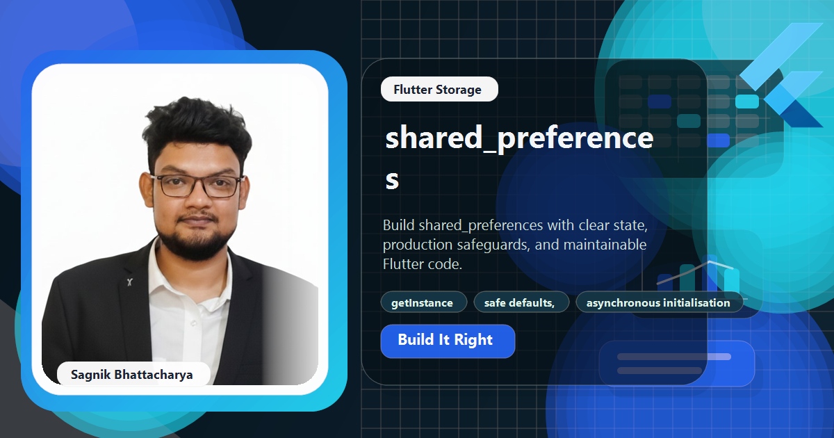 Coding Liquids blog cover featuring Sagnik Bhattacharya for Flutter shared_preferences: Save Simple App Data, with getinstance with setx and getx, safe defaults, remove, and clear, and asynchronous initialisation before rendering dependent ui.