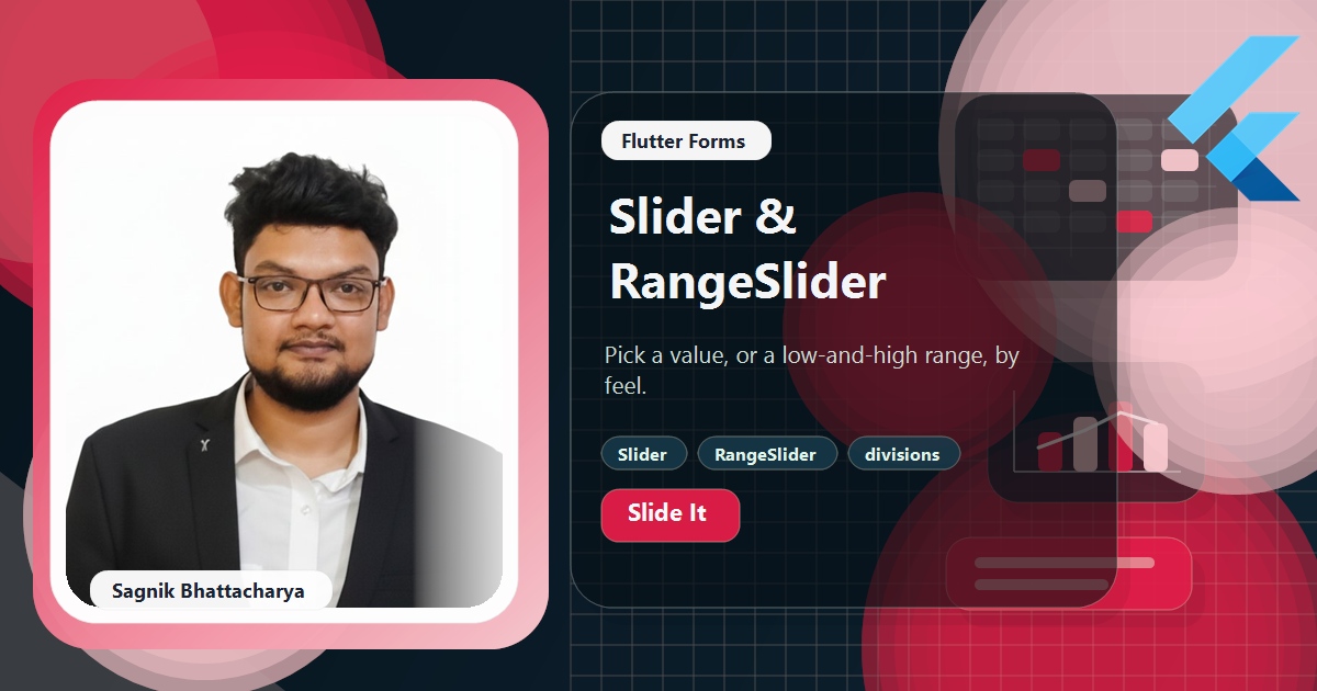 Coding Liquids blog cover featuring Sagnik Bhattacharya for the Flutter Slider and RangeSlider guide, with a single-value slider snapping to divisions and a two-thumb range slider showing a low-high RangeValues selection.