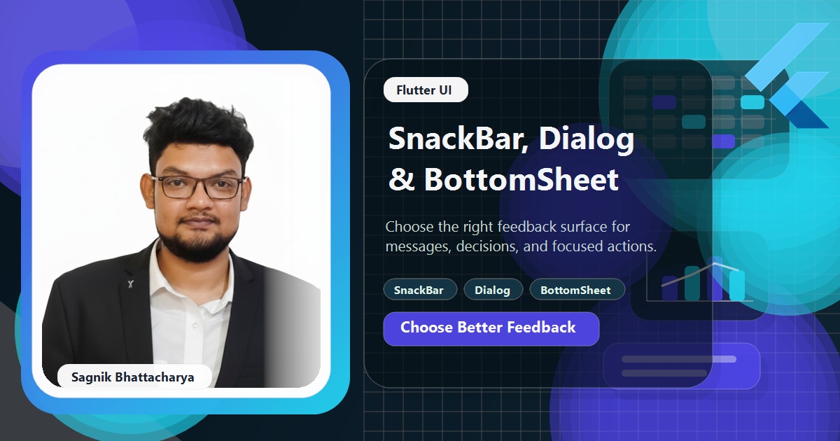 Coding Liquids tutorial cover featuring Sagnik Bhattacharya for Snackbar, Dialog, and BottomSheet feedback patterns.