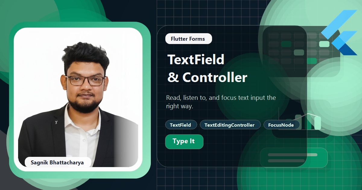 Coding Liquids blog cover featuring Sagnik Bhattacharya for the Flutter TextField and TextEditingController guide, with an input field, a controller reading text, a FocusNode, and InputDecoration labels.