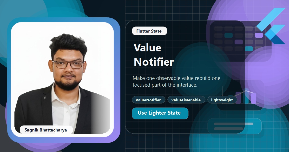 Coding Liquids blog cover featuring Sagnik Bhattacharya for the Flutter ValueNotifier guide, with a single value source updating one ValueListenableBuilder while the rest of the screen stays still.