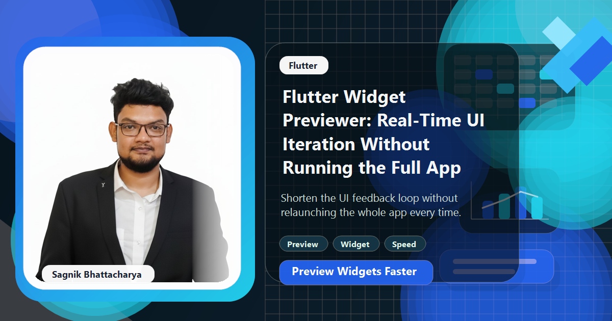 Coding Liquids blog cover featuring Sagnik Bhattacharya for Flutter Widget Previewer, with isolated UI previews and rapid-iteration visuals.