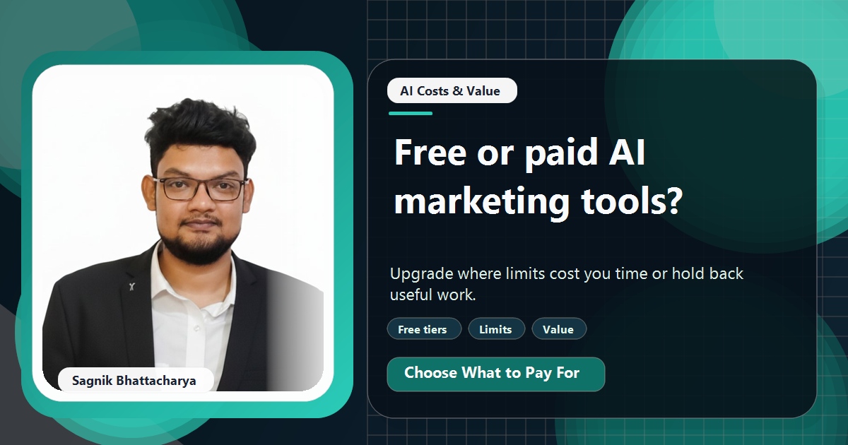 Coding Liquids tutorial cover featuring Sagnik Bhattacharya for Free vs Paid AI Marketing Tools: What Is Worth Paying For.