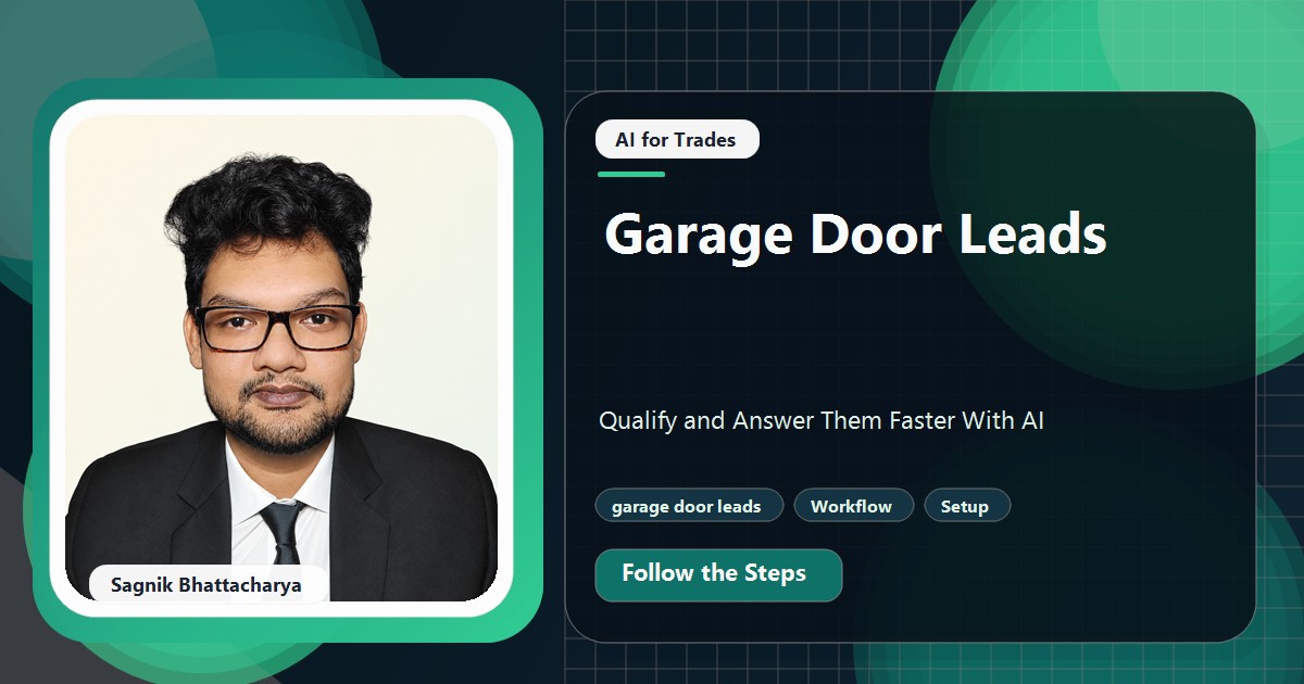 Coding Liquids tutorial cover featuring Sagnik Bhattacharya for Garage Door Leads: Qualify and Answer Them Faster With AI.